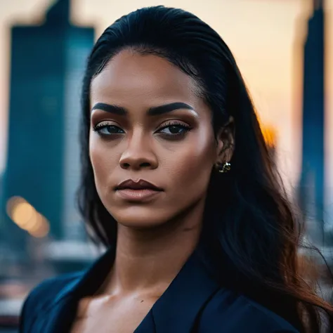 a close up of a woman with long hair and a suit