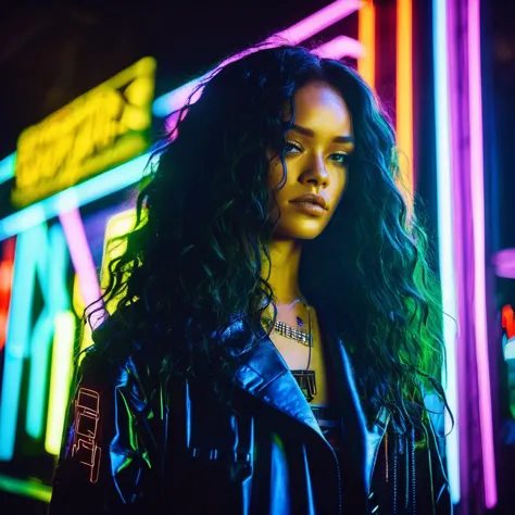 Photo of a woman with long wavy hair,portrait,kodachrome, neon,cyberpunk, rixhnna,   <lora:rihanna_juggerX_xl_1_st_wocap-rixhnna-000085:1>