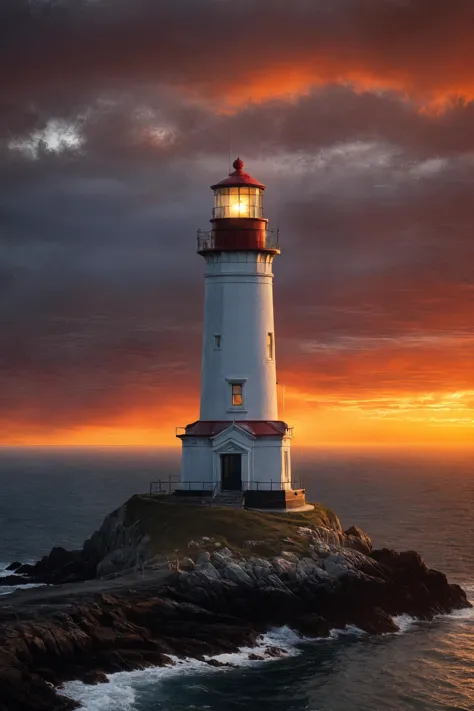 In a stunning display of photographic realism, a lone lighthouse against a fiery sunset.
