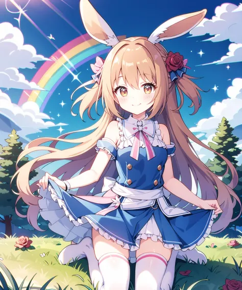 nozomi,1girl, alice_\(alice_in_wonderland\),animal_ears, (wariza),long hair,clothes_lift, day, dress,  fake_animal_ears, grass, looking_at_viewer, mountain, one_side_up, outdoors, rabbit_ears, rainbow, rose, smile, solo, sparkle, thighhighs, tree, white_le...