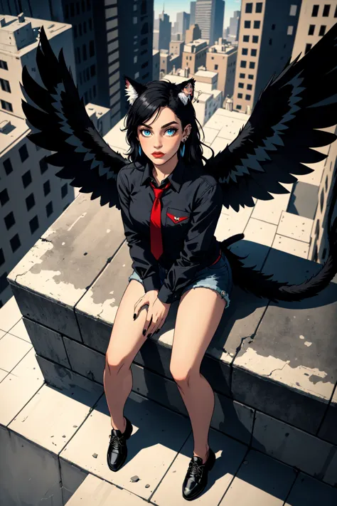 1girl, solo, long hair, looking at viewer, blue eyes, shirt, black hair, long sleeves, animal ears, jewelry, sitting, closed mouth, tail, full body, earrings, outdoors, wings, necktie, shoes, shorts, collared shirt, cat ears, nail polish, black footwear, lips, cat tail, animal ear fluff, black shirt, short shorts, from above, piercing, looking up, denim, wing collar, cat girl, red necktie, building, ear piercing, black nails, feathered wings, denim shorts, pocket, city, white wings, breast pocket,