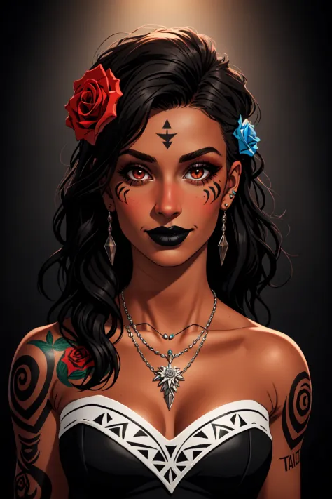 1girl, solo, long hair, smile, black hair, chin tattoo, pasifika, polynesian, maori, tattoo, facial tattoo, brown eyes, makeup, lipstick, black lipstick, jewelry, upper body, hair ornament, rose, red flower, flower, hair flower, tan skin, dark-skinned female, necklace, bone carving necklace, piercing, strapless, strapless dress, dress, bare shoulders, red rose, lip piercing, realistic, fantasy painting, New Zealand, Aotearoa, Studio lighting, side lighting