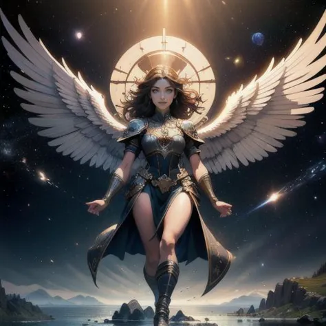 a woman with wings standing in the water with a moon in the background