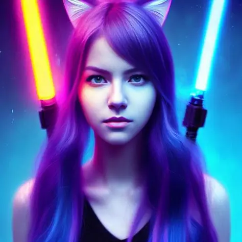 Digital art by Jim Lee, WLOP style, extremely attractive female, holding a lightsaber, sci fi style,  looking at the camera,  perfect face, perfect eyes,,snthwve style,  lisdusk2, nvinkpunk, kairowez