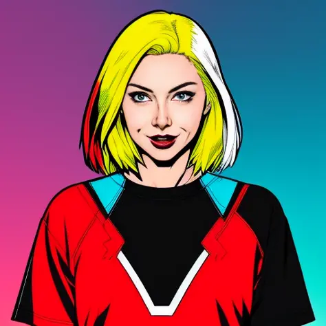 comic book style, Andy Kubert style line art, extremely attractive girl, woman, female wearing an x-men t-shirt,  american heritage, blonde hair, bright red eyes, proud expression, standing inside a nightclub singing