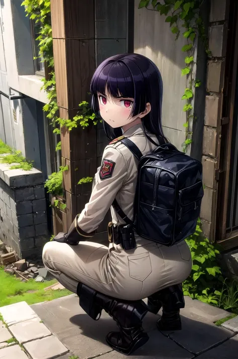 anime girl with backpack sitting on a step in front of a building