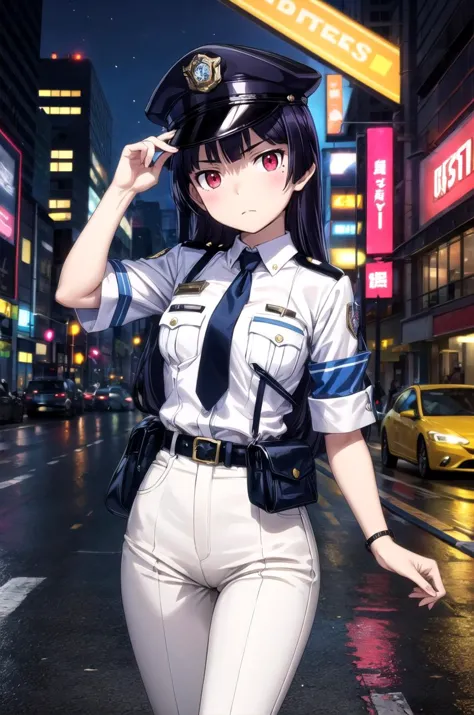 anime girl in uniform walking down the street at night