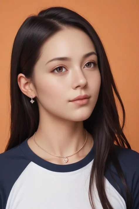 score_9, score_8_up, score_7_up,beautiful woman, 20 years old,
black hair, long hair, (raglan sleeve dress), Detailed Skin Textures and detailed skin pores ,(Detailed glans) and beautiful mouth and face, earrings, necklace, (orange background),