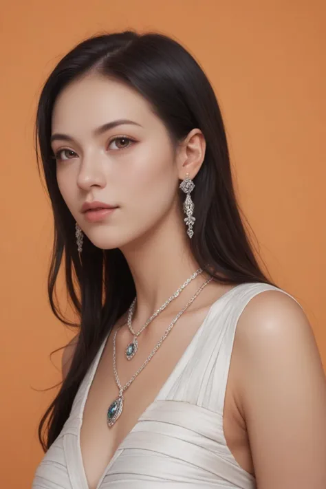 a woman wearing a white dress and earrings posing for a picture