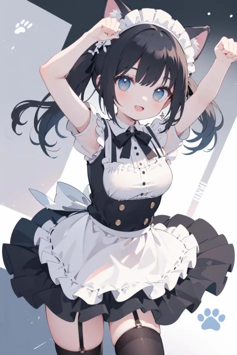 absurdres, absolutely resolution, incredibly absurdres, highres, ultra detailed
BREAK
(1girl, solo:1.4), beautiful and shiny skin, coquettish skin, dynamic angle, close-up, cowboy shot, smile
BREAK
maid, maid headdress, maid apron, cat ears, black thighhigh, garter belt, (arms up, paw pose:1.2), twintails
BREAK
paw, paw stamps background
BREAK
nice hands, perfect hands, 