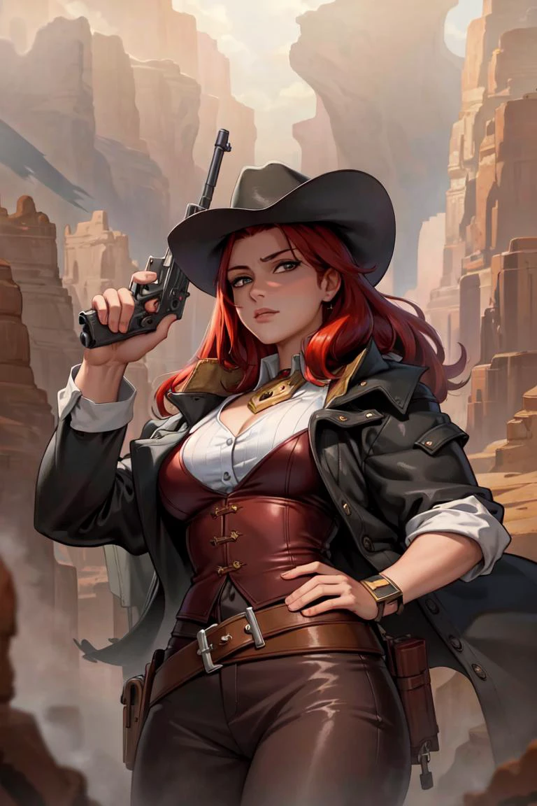 (masterpiece:1.2), (best quality:1.2), perfect eyes, perfect face, perfect lighting, 1girl, mature female, gunslinger, red hair, gun, cowboy hat, (detailed background, canyon, storm, dark clouds), looking at viewer, hands on hips