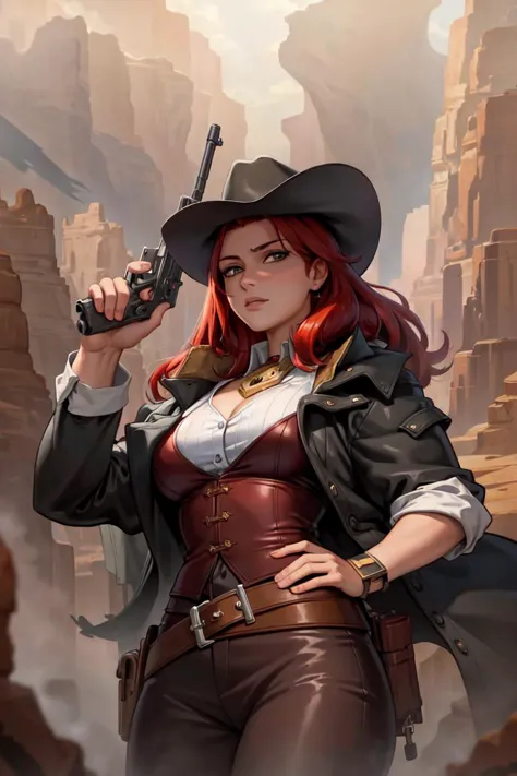 (masterpiece:1.2), (best quality:1.2), perfect eyes, perfect face, perfect lighting, 1girl, mature female, gunslinger, red hair,...