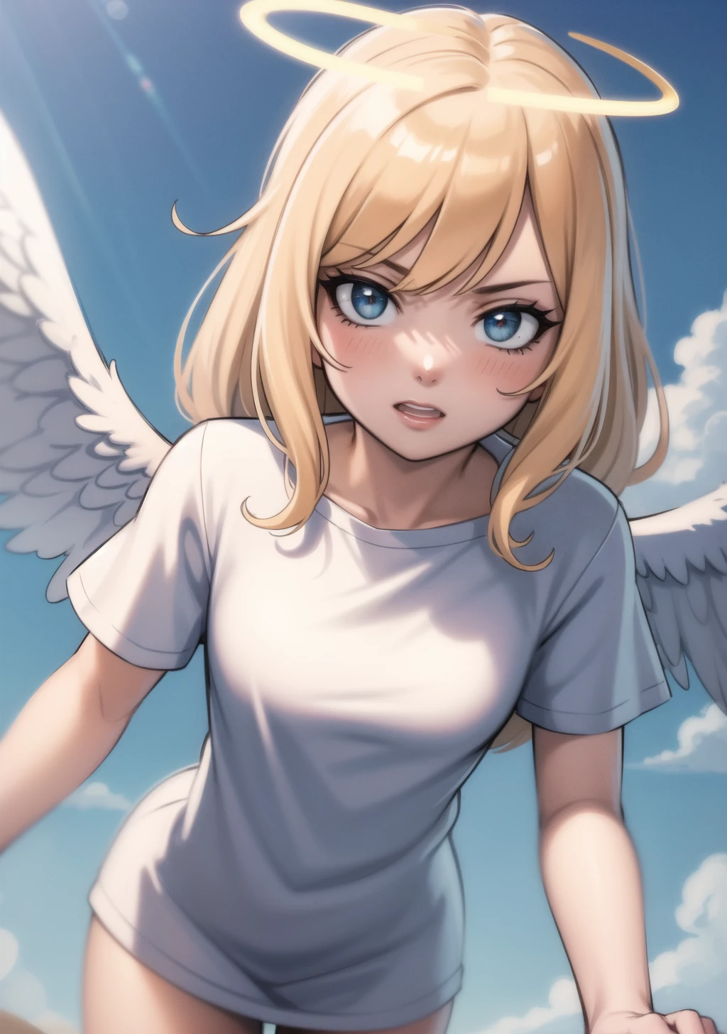 beautiful, (masterpiece:1.2), (best quality:1.2), perfect eyes, perfect face, perfect lighting, shy, innocent, (rosy skin:1.1), (angel:1.1), in sky, top view, 1girl, young, small breasts, white wings, halo, (clear oversize white t-shirt:1.1), paradise, clouds, delicate eyes, girl focus, detailed background, dynamic angle, detailed light, dynamic pose, (epic:0.8), sharp focus, highly detailed, 