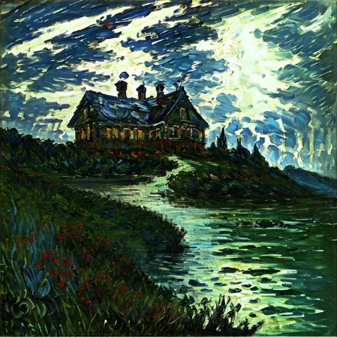 <lora:Monet V1:0.75> Monet V1, haunted house at night in a thunderstorm, lightning