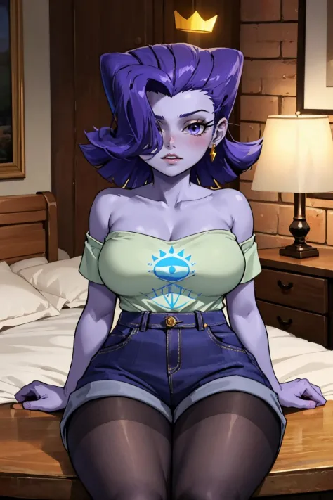 (masterpiece, best quality:1.2), <lora:brandylynn:1>, brandylynn, 1girl, solo, (purple skin:1.2), jewelry, crown, shorts, shirt, bare shoulders, pantyhose, hair over one eye, off shoulder, large breasts, indoors, glowing, sitting,