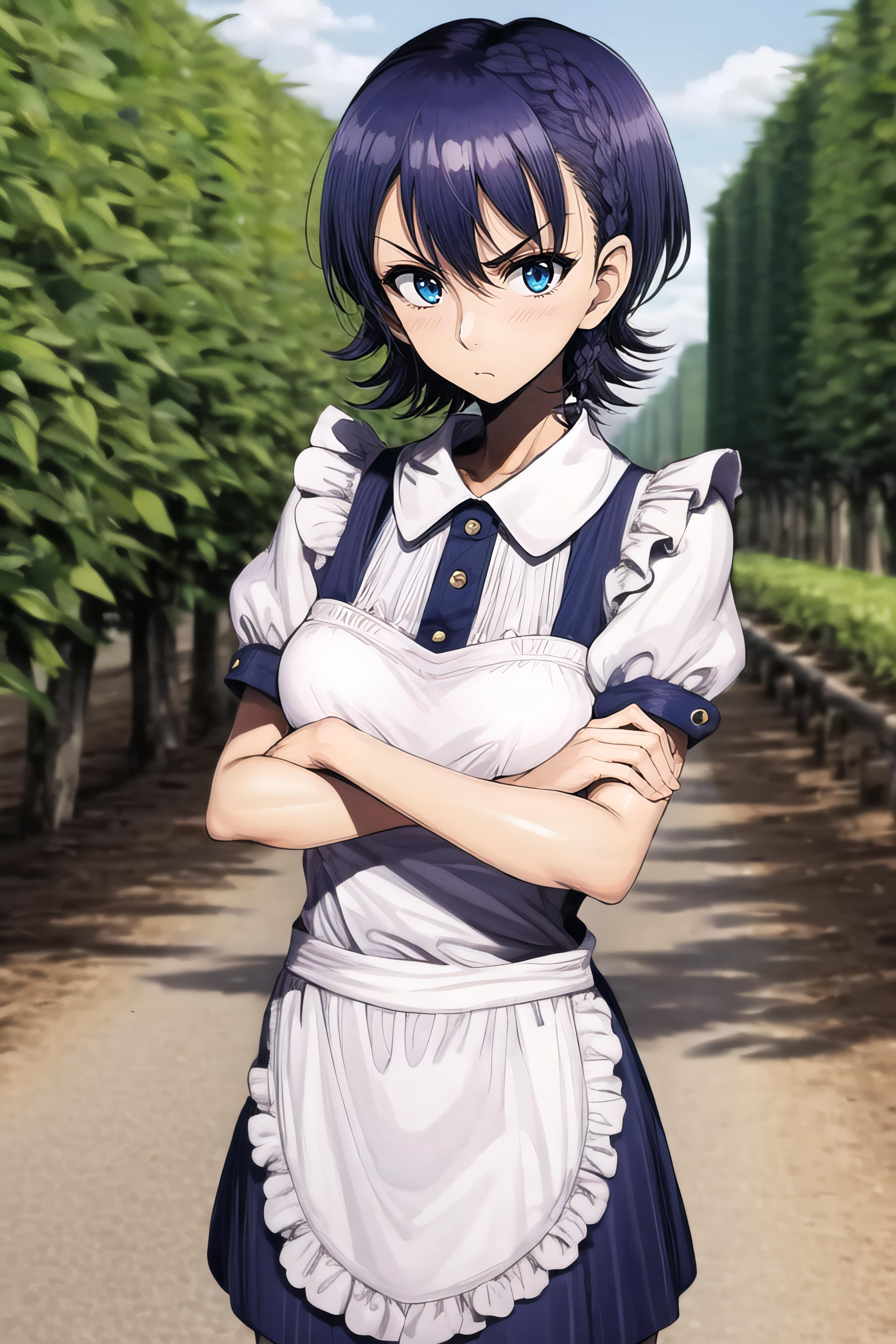 A woman in a maid outfit standing in a park with her arms crossed - SeaArt  AI