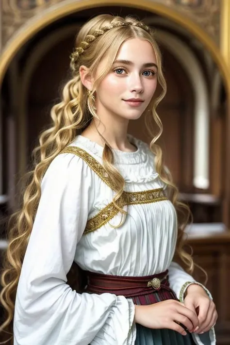 Detailed and realistic portrait photo of a young woman with blonde hair, ( highly detailed, Mucha style:1.15),  <lora:sd15_HannahStein_v1:.9>HannahStein, focus on smiling face, wearing medieval clothing, her hair is styled as Curly Twisted Updo, lens flare, looking at watcher, white bluse, skirt, noble woman, background medieval castle walls, best quality, masterpiece, ultra high res,  
candlelight,