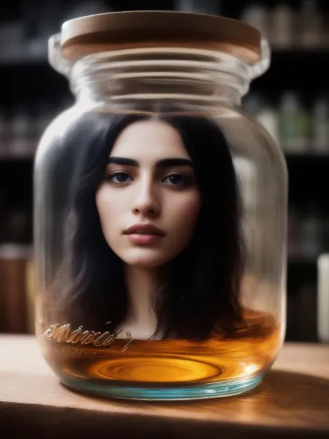photograph, Samsung Galaxy, Polaroid, Giant midweight Iraqi girl inside a Apothecary jar, Acting, her hair is Good, Depth of fie...