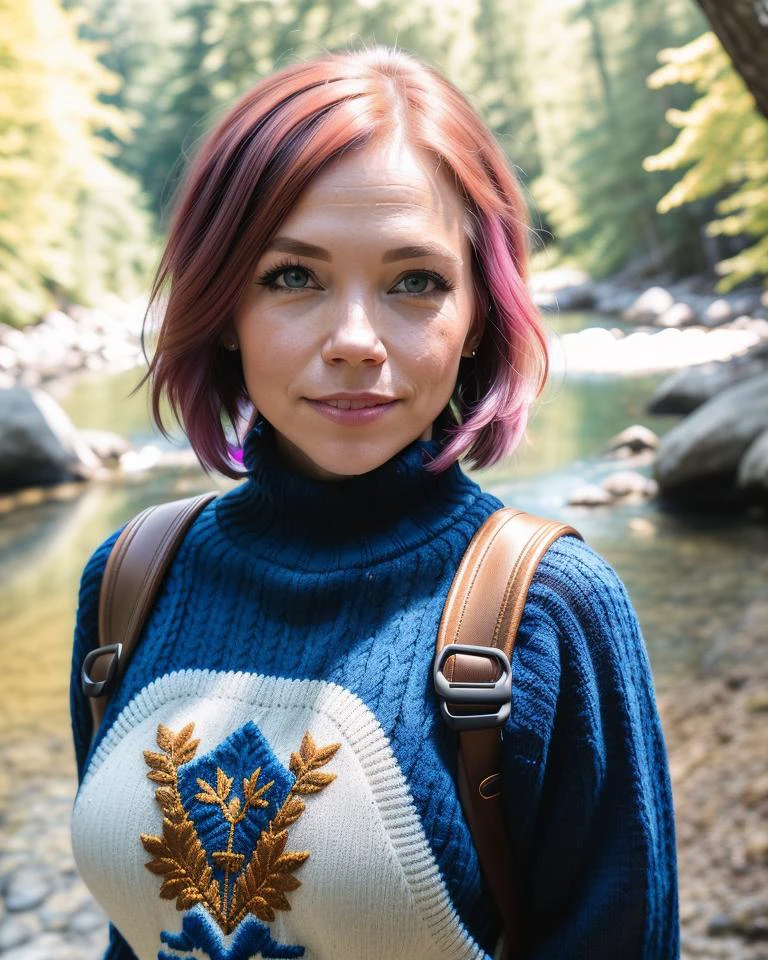 1 woman((portrait mode, happy)) annabellpeaks masterpiece, best quality, ultra-detailed, solo, outdoors, (night), mountains, nature, pale blue eyes, cheerful, happy, mid shot, (backpack), gloves, (wearing embroidered woven turtleneck sweater), flashlight, forest, rocks, river, wood, smoke, shadows, contrast, clear sky, analog style (look at viewer:1.2) (skin texture) (film grain:1.3), ((warm hue, warm tone) :1.2), (closeup shot), cinematic light, side lighting, ultra high res, profile, best shadow, RAW, (wearing loose pullover), short pink hair, ((extreme close up shot, detailed face):1), 18mm lens, shallow depth of field, clear focus, bokeh