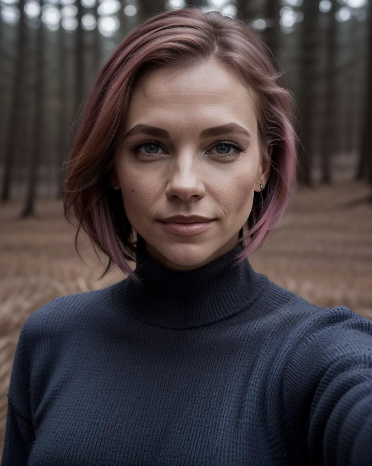 1 woman, (extreme closeup shot), off center, ((portrait mode (angled selfie), happy)), detailed face, annabellpeaks masterpiece, ultra-detailed, solo, outdoors, (night), mountains, nature, cheerful, happy, pale blue eyes, nose ring, short [pink:0.2] hair, turtleneck (sweater), forest, rocks, river, wood, smoke, shadows, contrast, clear sky, analog style (look at viewer:1.2) (skin texture) (film grain:1.3), ((warm hue, warm tone) :1.2), (closeup shot), cinematic light, side lighting, ultra high res, best shadow, RAW, (wearing loose pullover), short pink hair, ((extreme close up shot, detailed face):1), smooth skin