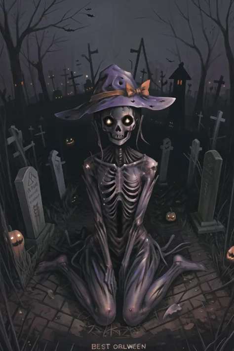 a painting of a skeleton in a witch hat sitting in a cemetery