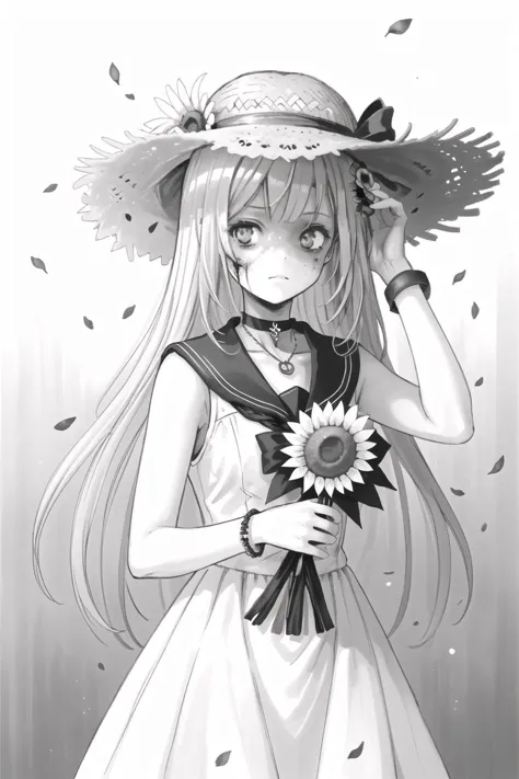 1girl, lineart, monochrome, hat, flower, greyscale, sunflower, solo, long hair, dress, looking at viewer, straw hat, jewelry, petals, hand on headwear, holding, bracelet, transparent background, ribbon, sailor dress, holding flower, sailor collar, choker, bangs, very long hair, necklace, closed mouth, sleeveless, sun hat, bouquetï¼Zombie