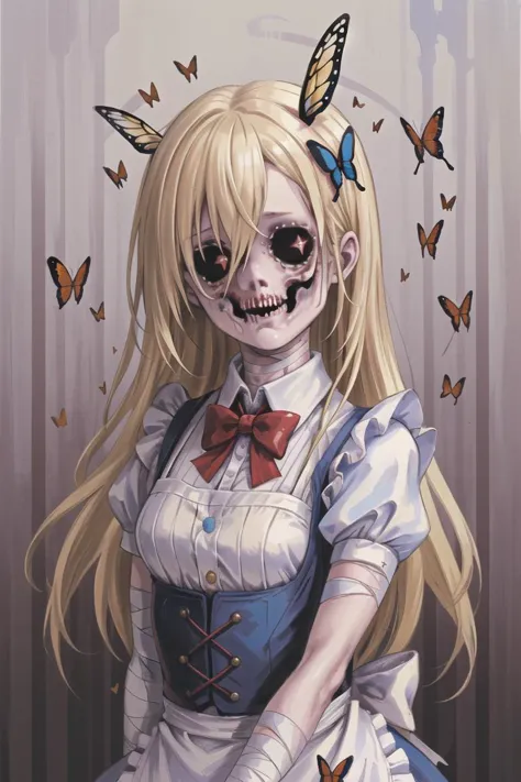 (masterpiece),best quality,portrait,upper_body,1girl,solo,blonde hair,long hair,dress,butterfly hair ornament,bandages,bowtie,striped bow,hair between eyes,puffy sleeves,apron,striped,short sleeves,pantyhose,bandaged arm,alice \(alice in wonderland\),creepy