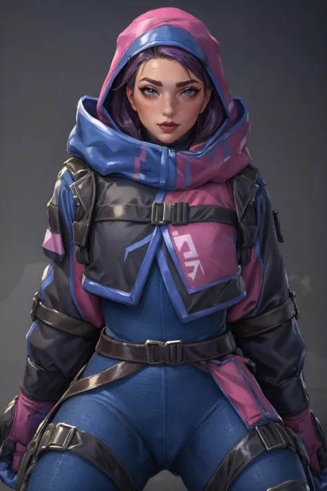 <lora:Wattson_Missing_Lynx_v1:0.8>, gradient background, wattson, (gloves:1.2), (black hair:1.2), standing, jacket, looking at viewer, hood, full body, pants, realistic, scarf, sneakers, hood up, scar on cheek, halo, <lora:more_details:0.6>