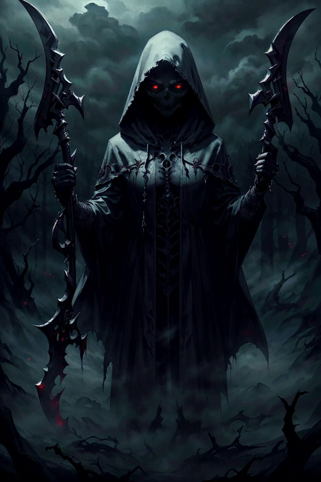 A dark hooded man with a scythe holding two large scythes in a dark ...