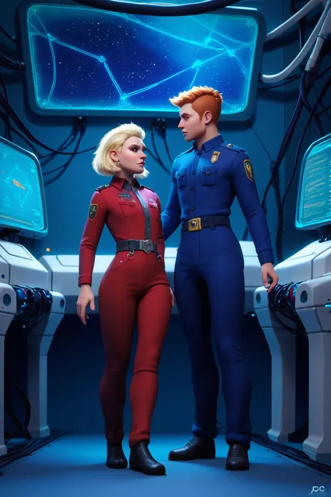 a man and woman in red and blue uniforms stand in front of a computer screen