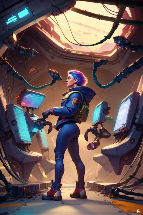 (zPDXL2), 1girl, standing on the bridge of a spaceship wearing a uniform, from side from front, looking into space, wires, cables, monitor, controls, panel