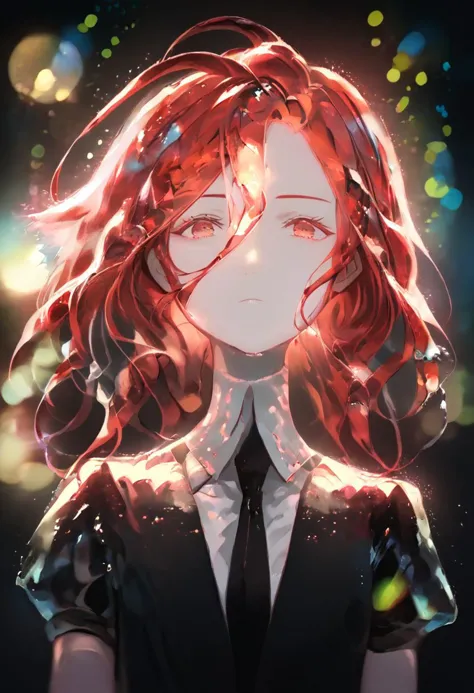 anime girl with red hair and black shirt and tie