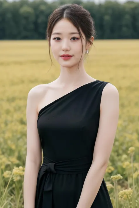 jwy1, a woman, (realistic), (hyperrealism), (photorealistic), depth of field, eye makeup:0.8, (upper body:1.2), (narrow waist), looking at the viewer, black dress, at the field, <lora:httpwony:0.45>