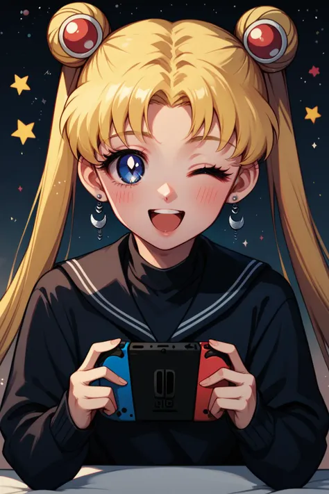 anime girl with blonde hair holding a nintendo wii controller