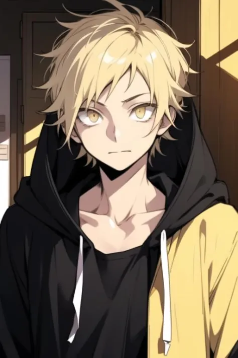 masterpiece, best quality, high quality, 1boy, solo, male focus, looking at viewer, upper body, <lora:shuuya_kano:0.68>, shuuya_kano, blonde hair, yellow eyes, hoodie