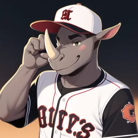 ((solo)), cartoony, wearing a baseball cap,  animal, anthro, digital art, furryceros, rhinoceros, young , mascot <lora:furrycero...