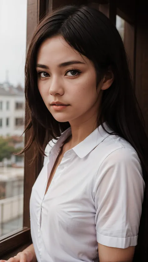 a close up of a woman standing near a window with a white shirt