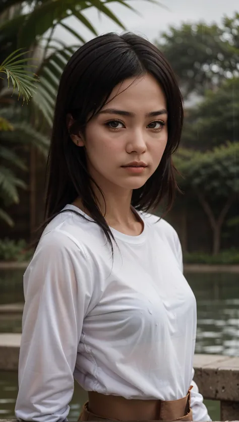 a close up of a woman standing near a body of water