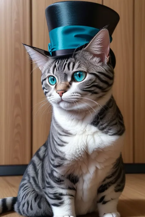 American Shorthair cat with (teal eyes) wearing a tophat, hyper realistic <lora:boldline:0.2> <lora:add_detail:0.5>