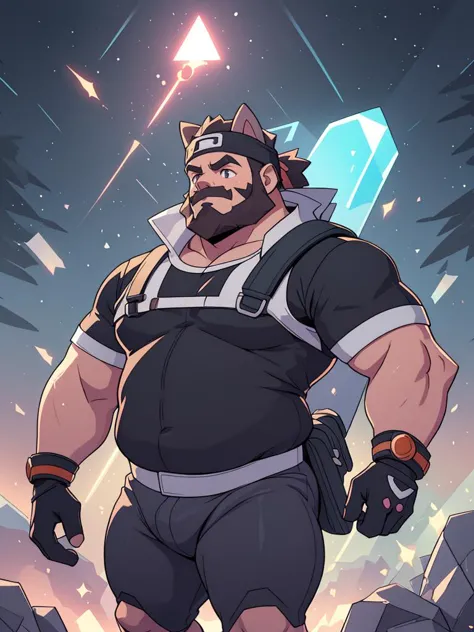 walking, chubby beefy male human, beard, ((polygon, lowpoly, retro)), handsome, cute face, glow, pokemon trainer outfit, adventure, field, rpg, fantasy, dynamic, backpack, bulge, bracelet, glove, light particles, sparks