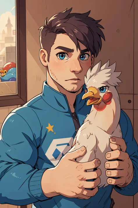 a cartoon image of a man holding a chicken in his arms