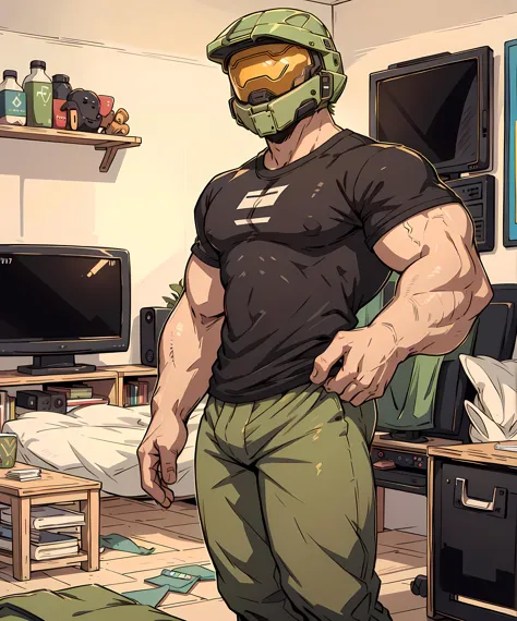 a close up of a man in a helmet and green pants