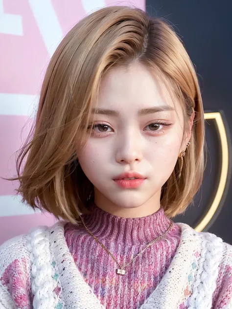 (face portrait:1.3) of Ryujin Itzy,  wearing a (multicolored sweater:1.3), (brown blonde hair:1.3), k-pop Idol, (kiss:1.2), red lips, contrapposto, best quality, ultra high res, (photorealistic:1.3), 1girl, <lora:Ryujin Itzy:0.7>