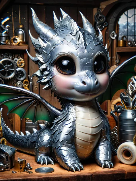 ral-smoldragons,A smol dragon sculpted from ral-ducttape, its wings meticulously crafted and textured, perched on a toolbox in a craftsman's workshop, the entire scene reminiscent of a DIY paradise <lora:ral-smoldragons-sdxl:1> <lora:ral-ducttape-sdxl:0.8>, detailed, dynamic, HDR,<lora:EnvyBetterHiresFixXL01:0:hr=1>.