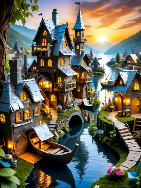 ral-ducttape, A whimsical scene of a ral-ducttape fairy village, with tiny habor, tiny fishing boats, a lighthouse, houses, ale house, boat yard bridges, and gardens all intricately detailed in ral-ducttape textures, smoke from chimneys <lora:ral-ducttape-sdxl:0.5>, dynamic, cinematic, masterpiece, intricate, hdr. <lora:EnvyBetterHiresFixXL01:0:hr=1>