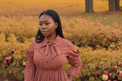 l1nd4 wearing pleated dress with tied bow collar at apple orchard, rows of trees in autumn colors, buckets of bright red apples ...