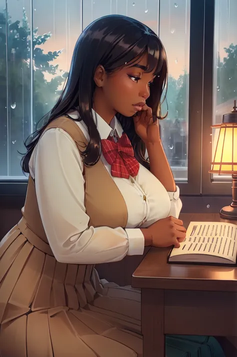 anime girl sitting at a desk with a book and a lamp