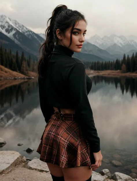 a woman standing on a rock near a lake with mountains in the background