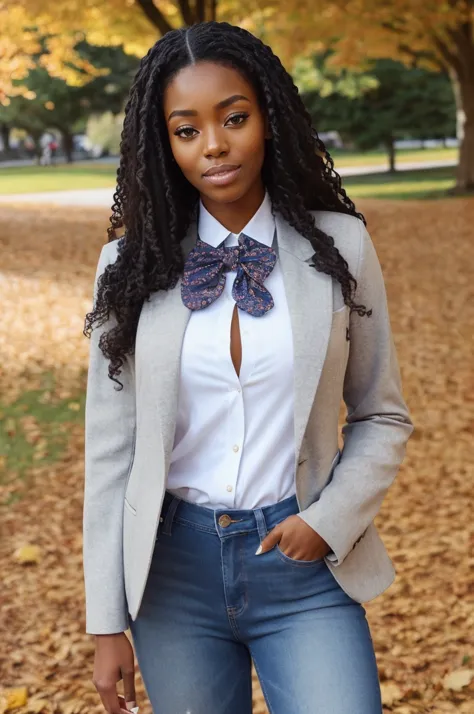 edgADC_fashion, wearing edgADC, l1nd4 wearing blazer over bow tie blouse and skinny jeans at city park in autumn, piles of autun...