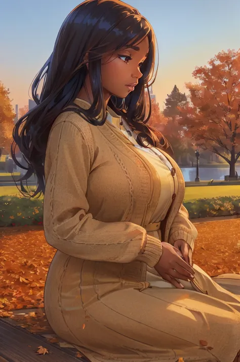 l1nd4 wearing buttoned dress with long knit cardigan at city park in autumn, piles of autun leaves, golden sunlight <lora:edgAut...
